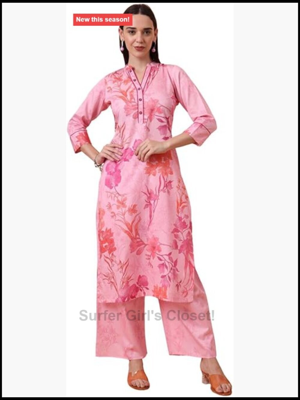 Cotton Satin Floral Printed Kurta Palazzo Set 3/4 Sleeve Calf Length Drawstring
